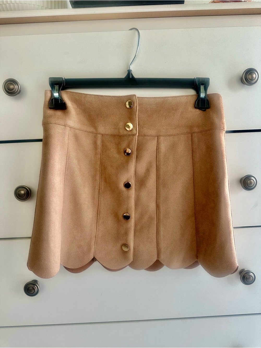 Katie J NYC Scalloped Faux Suede Mini Skirt - Tan - Picture 2 of 4